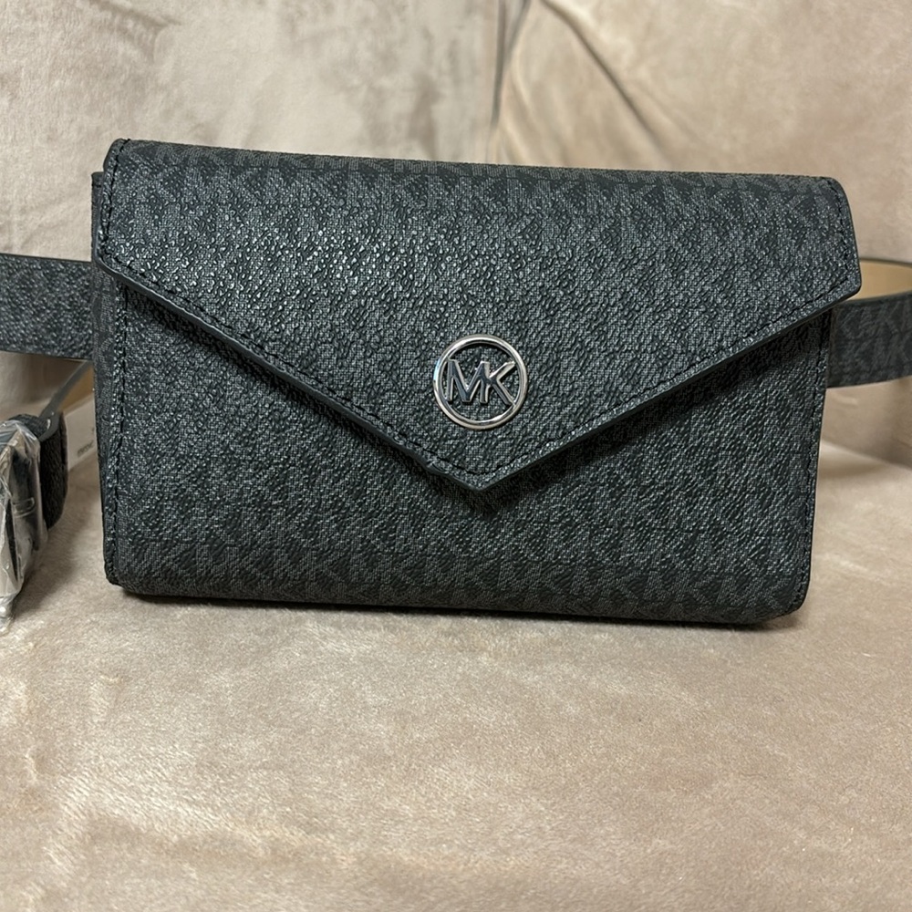 Michael Kors adjustable belt monogram black/Gray with silver hardware-SizeS/M